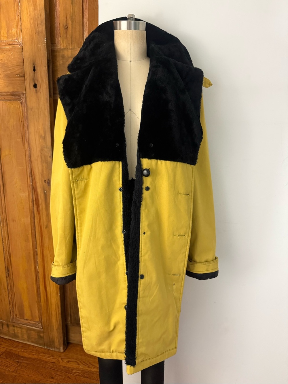 Vintage Cresco Mustard Faux Fur Lined Car Coat Double Breasted Size 38 Medium - Picture 11 of 16